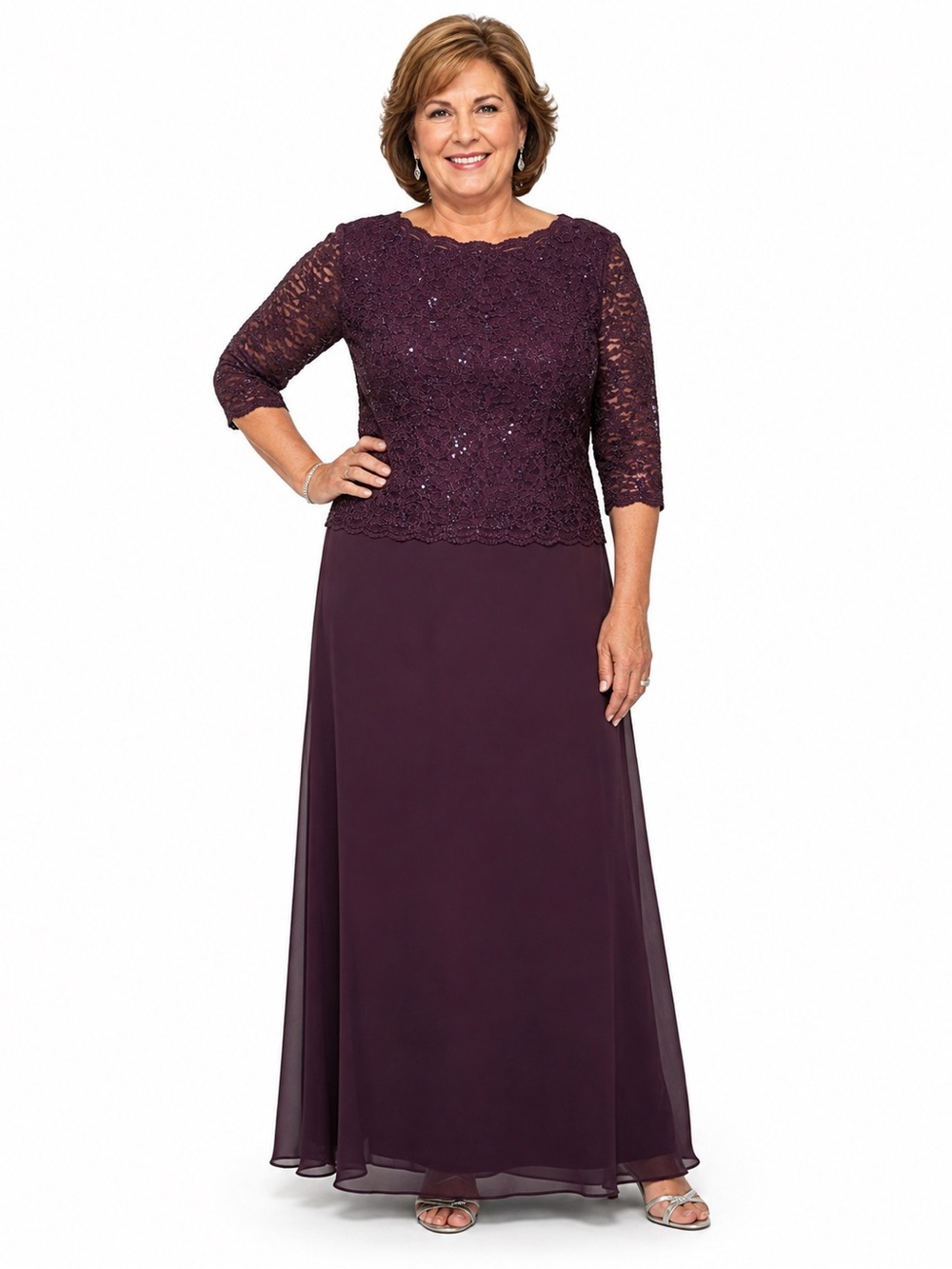 Alex Evenings Plum Lace-Top Chiffon Gown